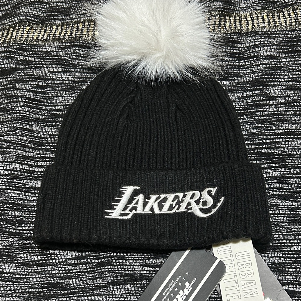 New Era Black Beanie with White Pom and LA Logo